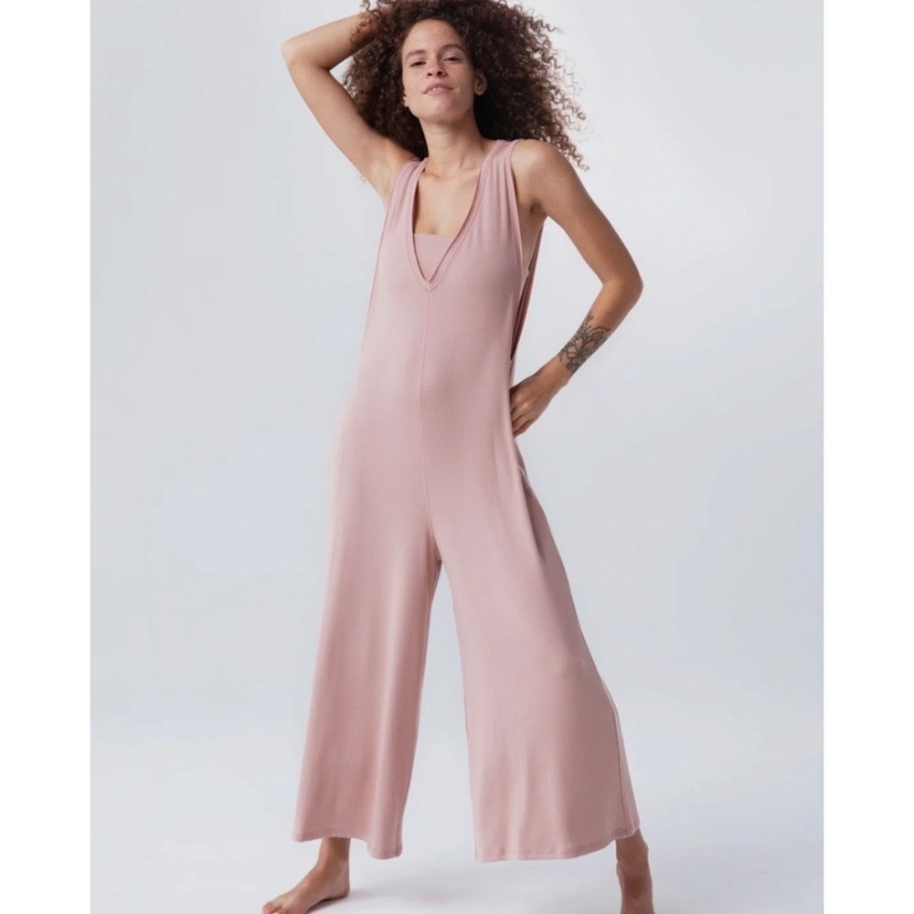 Imbodhi Juniper Jumpsuit XL Mauve Pink Ribbed MicroModal Wide Leg Pockets